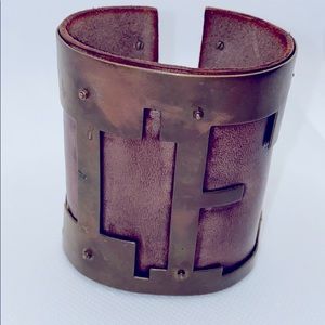 Vintage hand tooled ‘LIFE’ Leather/ Brass Cuff